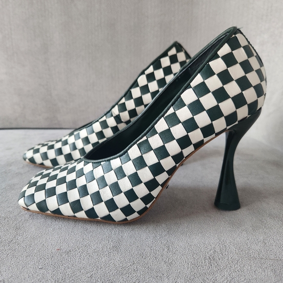 Gianni Bini Pumps 6 Green Leather Colton Intrecciato Check Square Toe New $100 - Picture 2 of 15